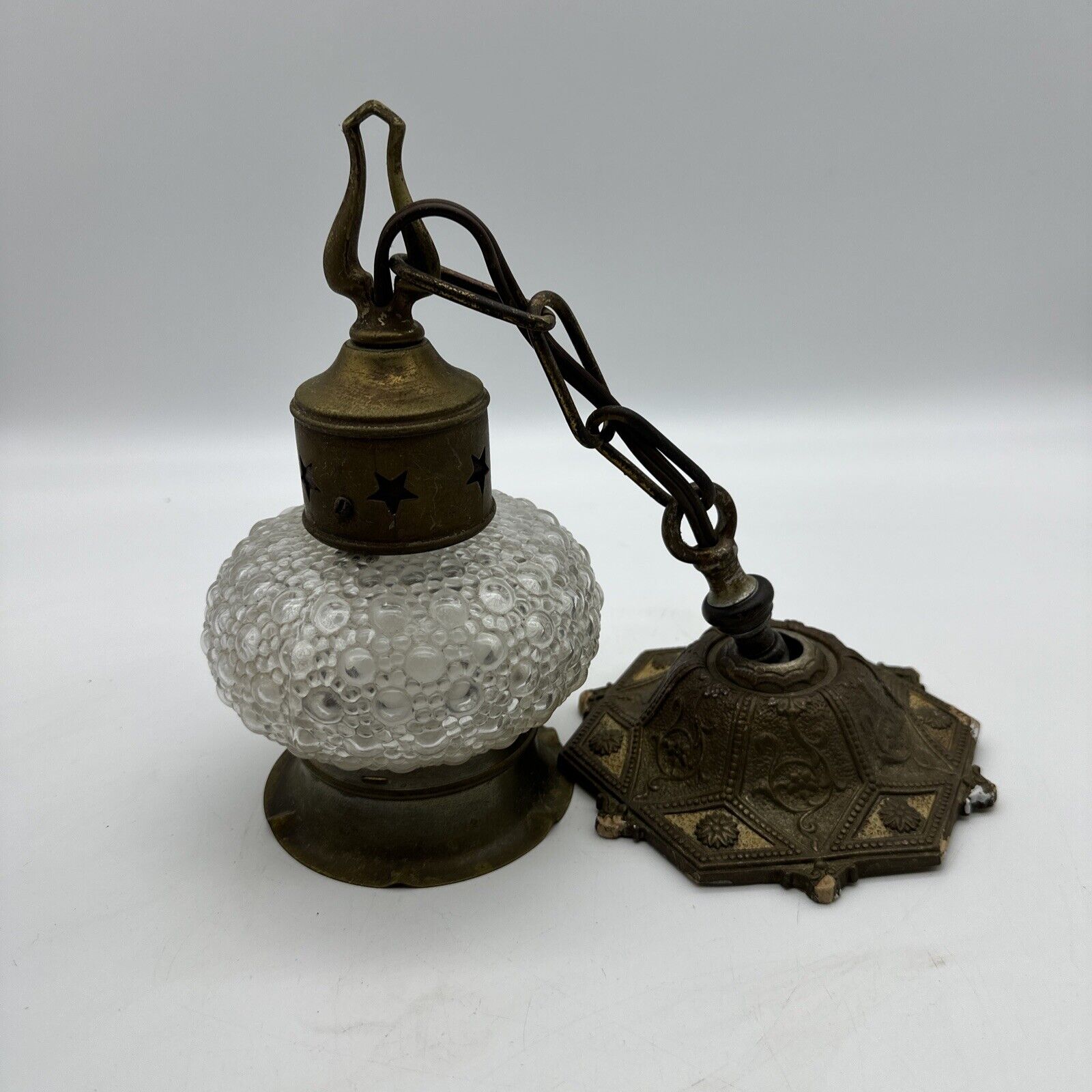 Vintage Glass Globe Hanging Light Fixture,Ornate Brass Mount,Pendant,Chain