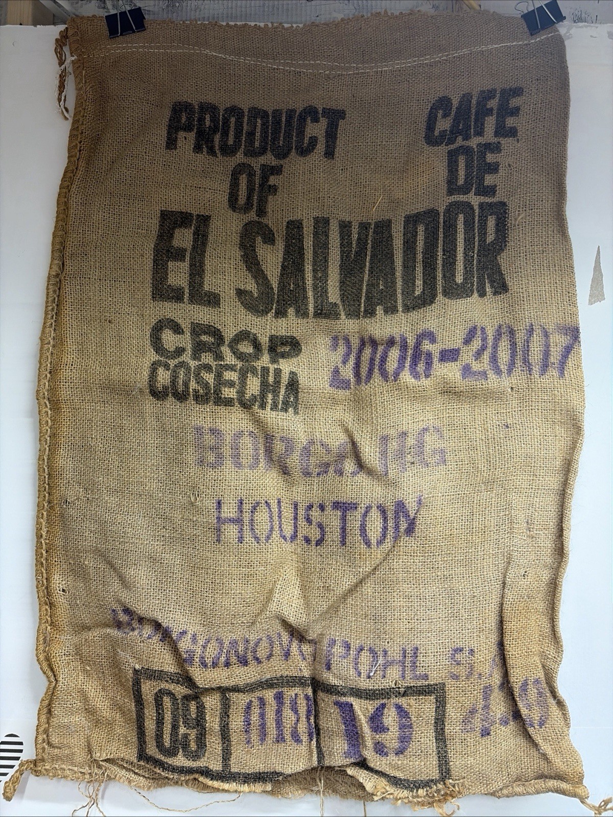 Burlap Coffee Bag Sack Product of El Salvador Advertising Vintage Worn Old