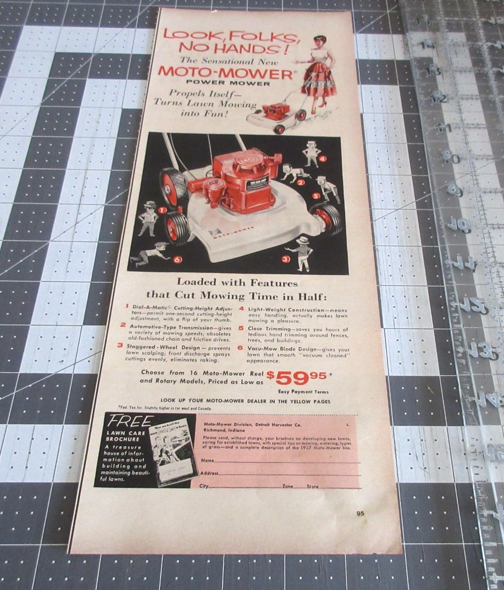 1957 MOTO-MOWER Turns lawn mowing into fun, Vintage Print Ad