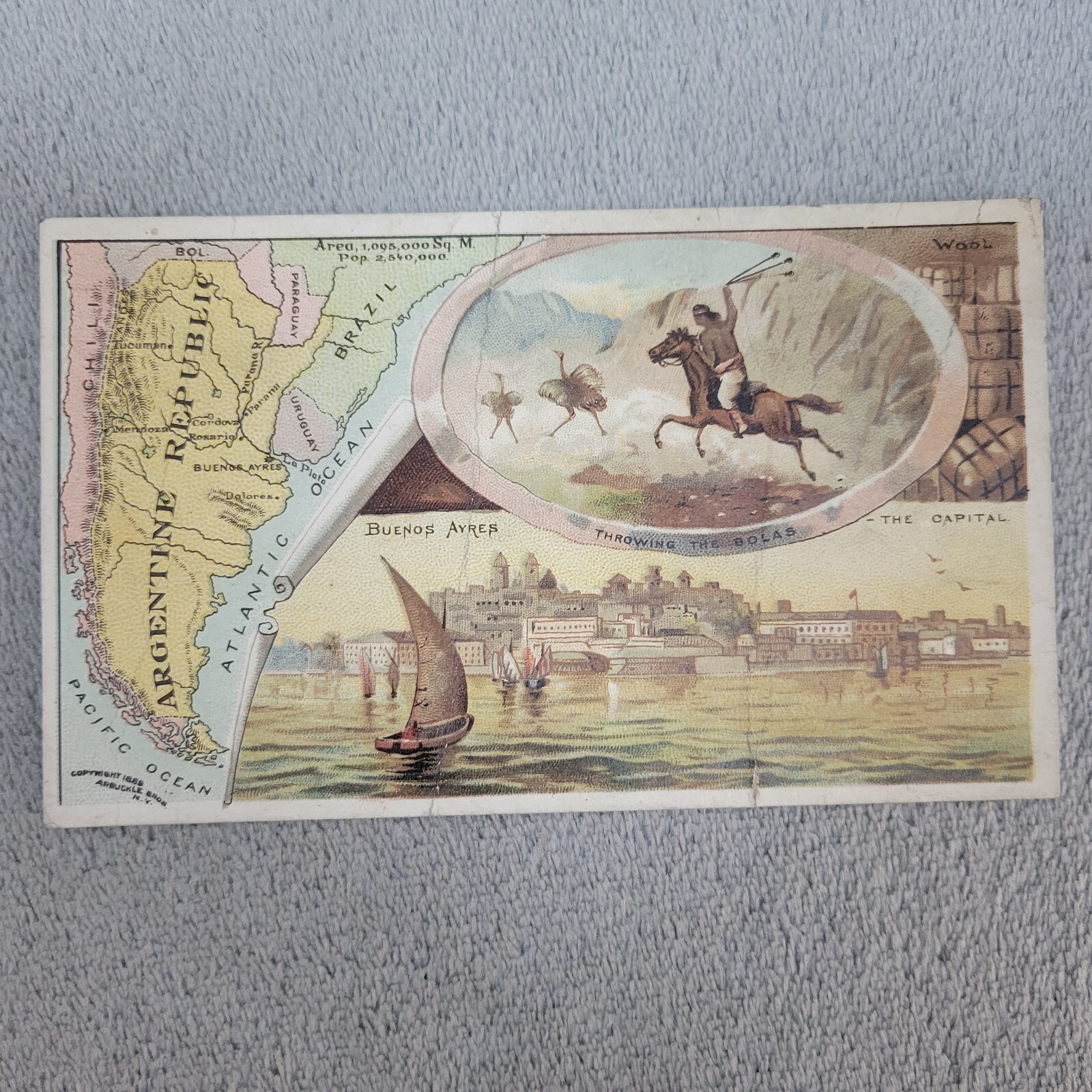 1889 Arbuckle Coffee Trade Card Map of Argentina #82 Gaucho Bolas 1889 Arbuckle Coffee Trade Card Map of Argentina #82 Gaucho Bolas