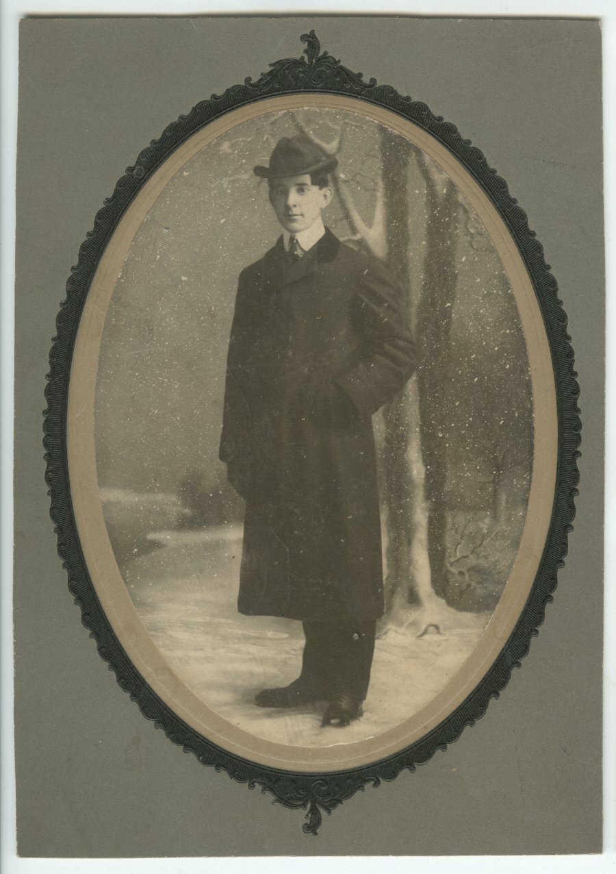 c1905 Portrait Young Gent in Winter Coat Hat with Faux Snow Winter Studio Scene