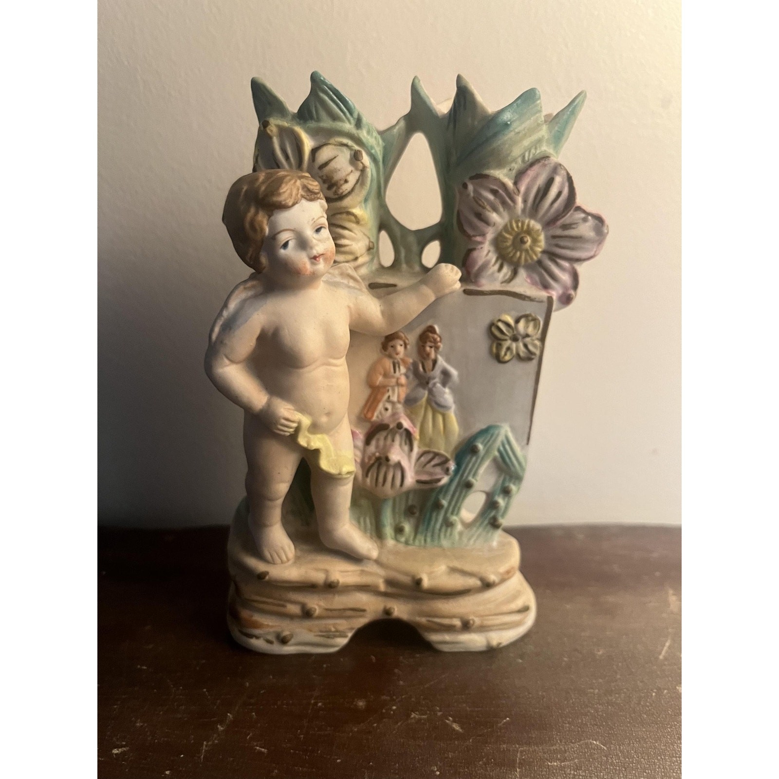 Vintage Cherub Bisque Bud Vase with Flowers, Pastel Victorian Style (Japan)