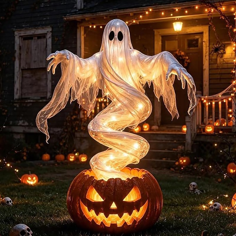 LED Swirling Ghost Pumpkin Yard Lamp | Lighted Halloween Garden Decor, Outdoor L
