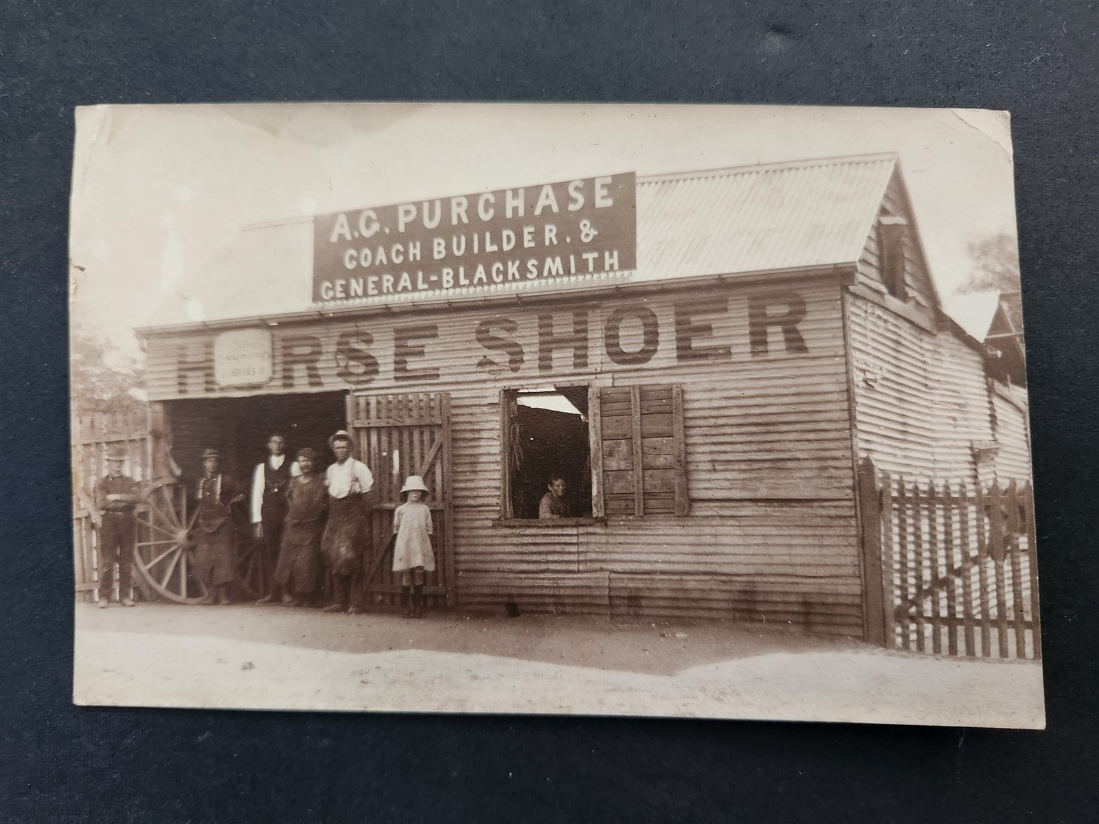 c.1907 antique BLACKSMITH SHOP A.C. PURCHASE COACH BUILDER australia RPPC PHOTO