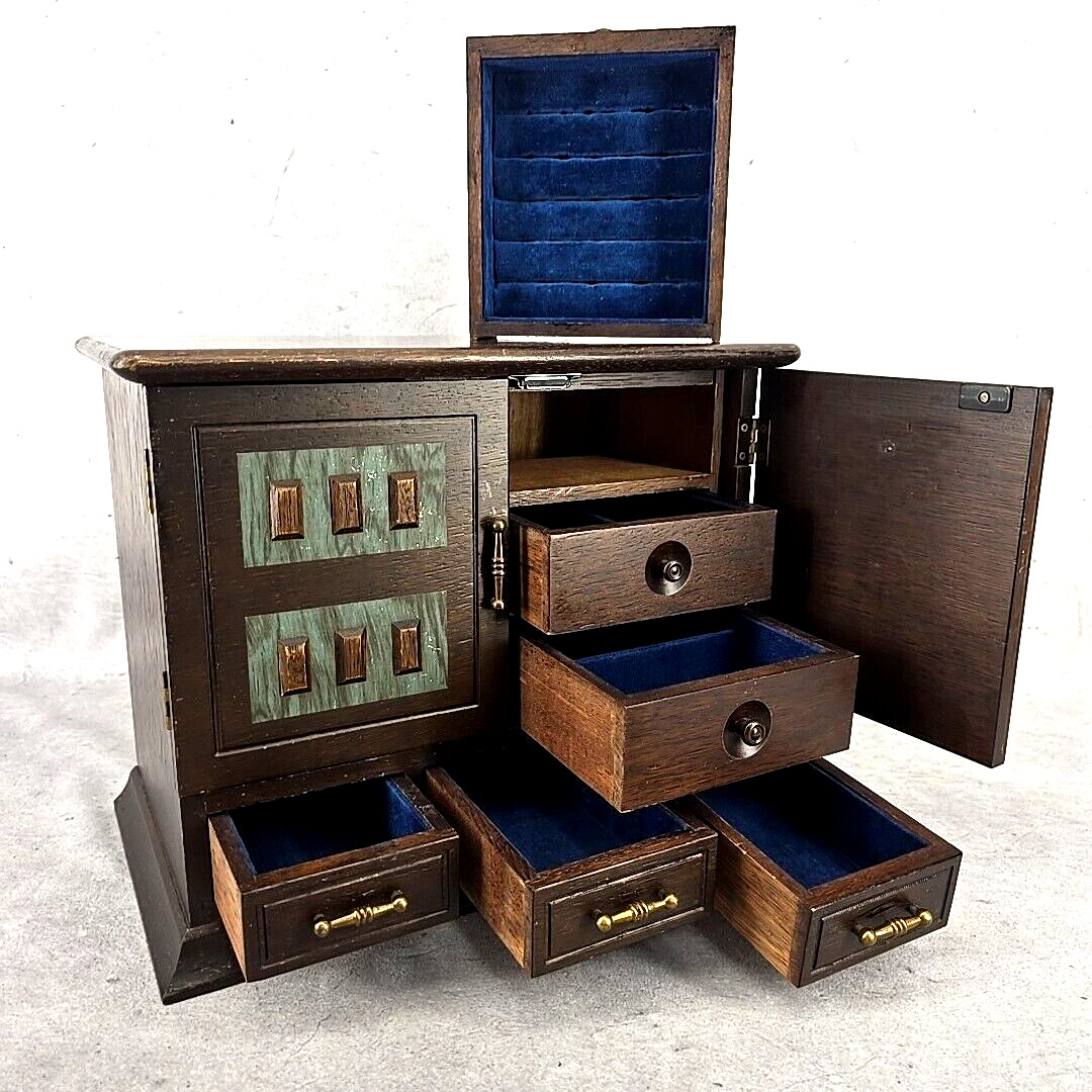 Vintage Rare Japanese Tansu Wood Jewelry Box 9 Drawers Blue Inside