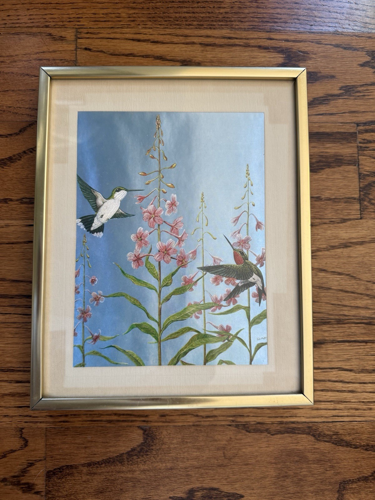 Vintage 2 Hummingbirds Floral Foil Art Framed Picture 11x9 DAF Etched Metal