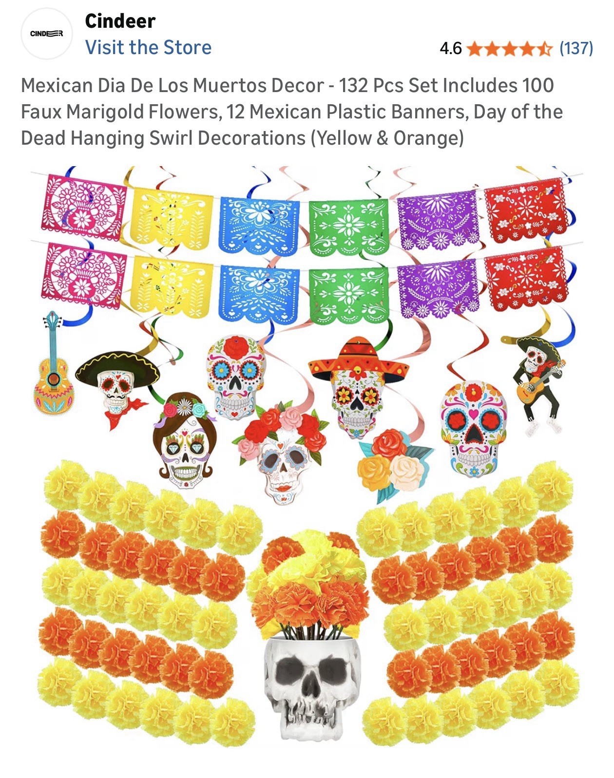 Dia De Los Muertos Decor Set - 132 Pcs with Faux Marigold Flowers & Banners