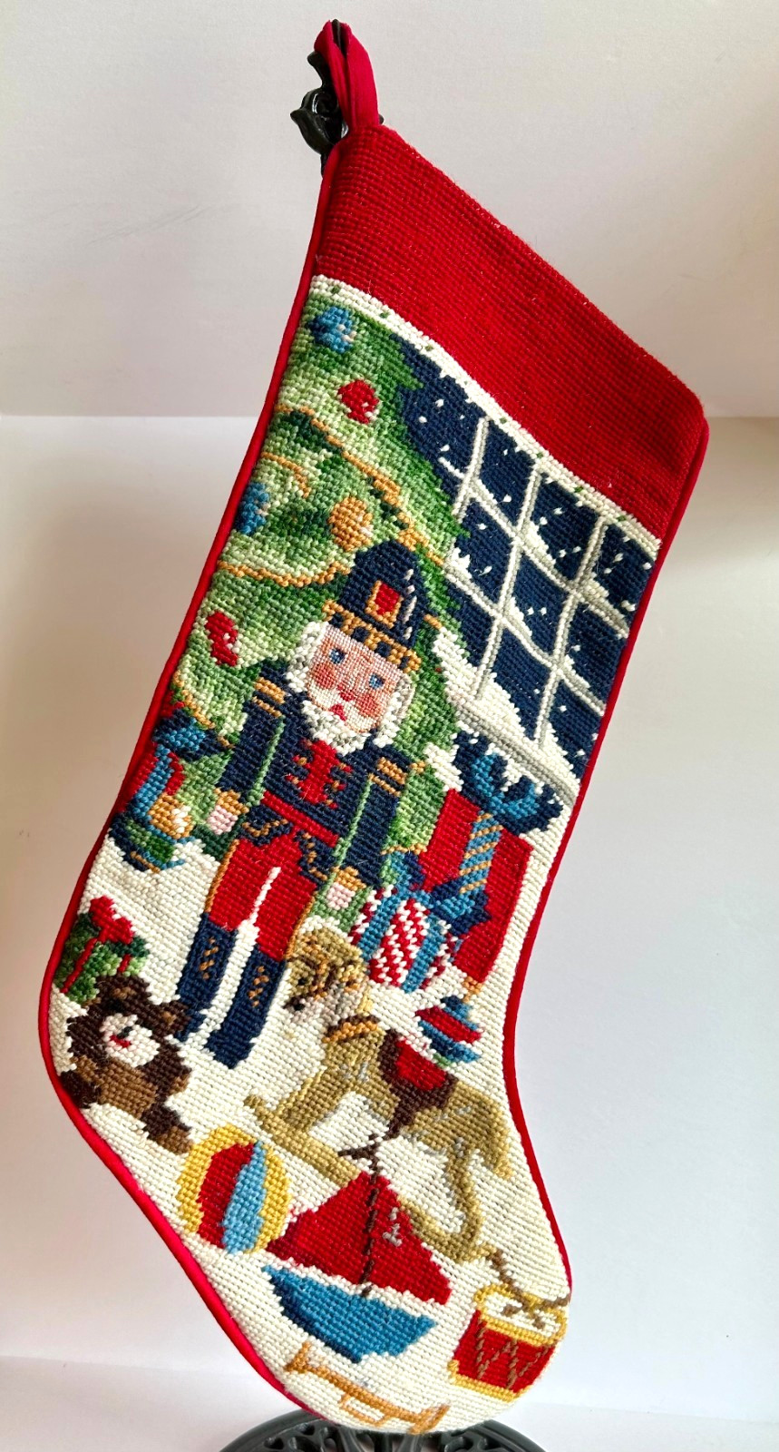 VTG Lands\' End Nutcracker/Toys Needlepoint Christmas Stocking Wool/Cotton 17.5in