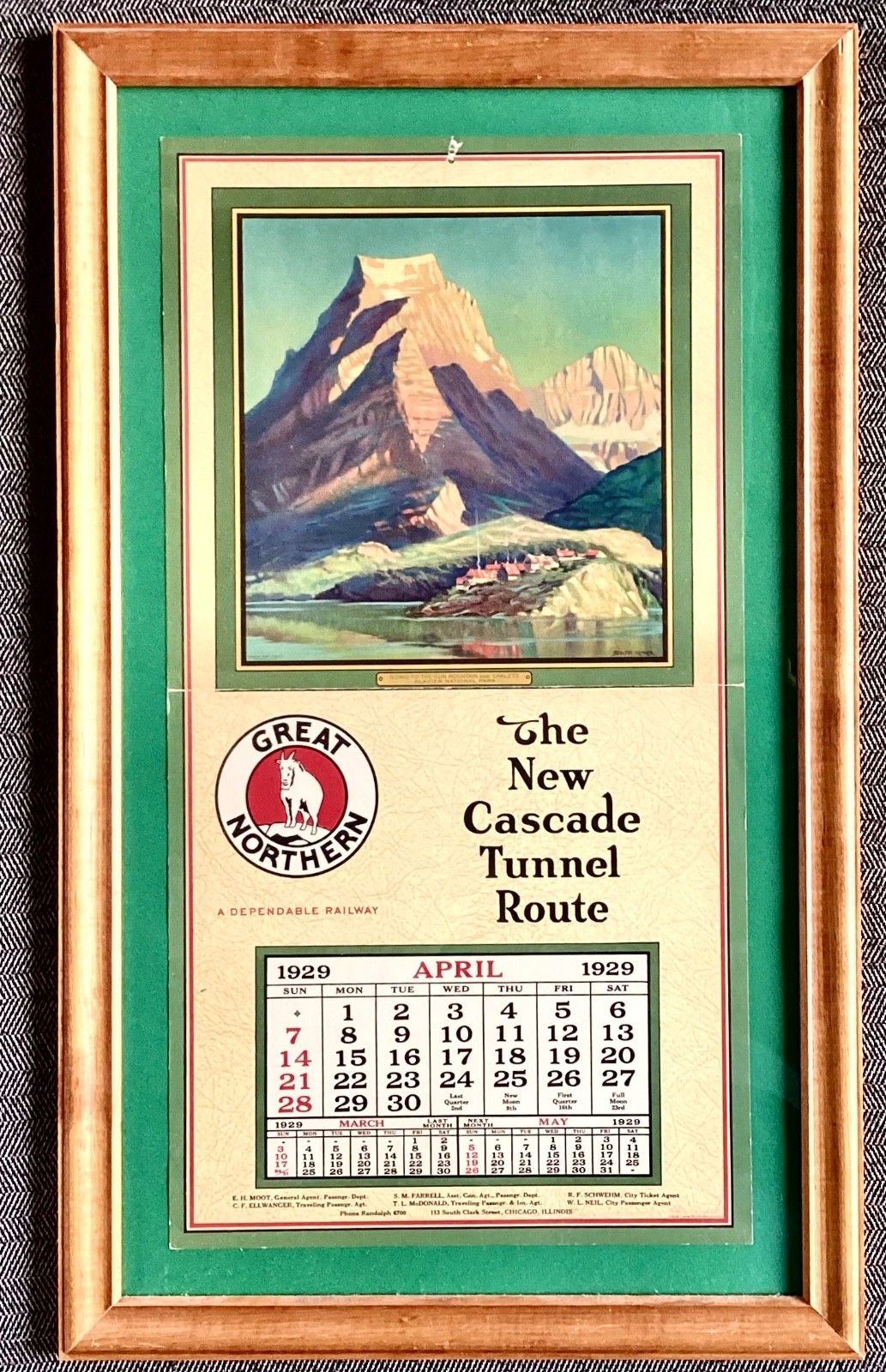 Great Northern Railway April 1929 Calendar Framed The New Cascade Tunnel Route