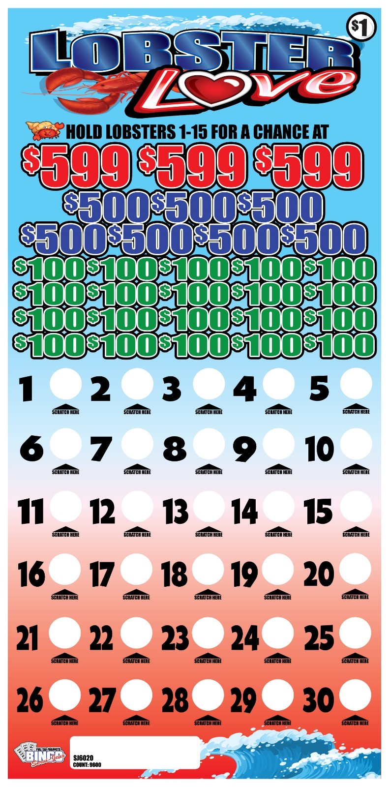 NEW pull tickets LOBSTER LOVE CASH BOARD - 30 WINNERS