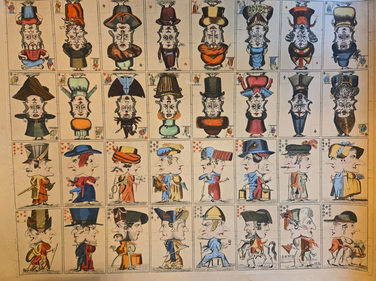 Antique 19thC French Uncut Playing Card Sheet Jeu Grotesque ARCHES Watermark