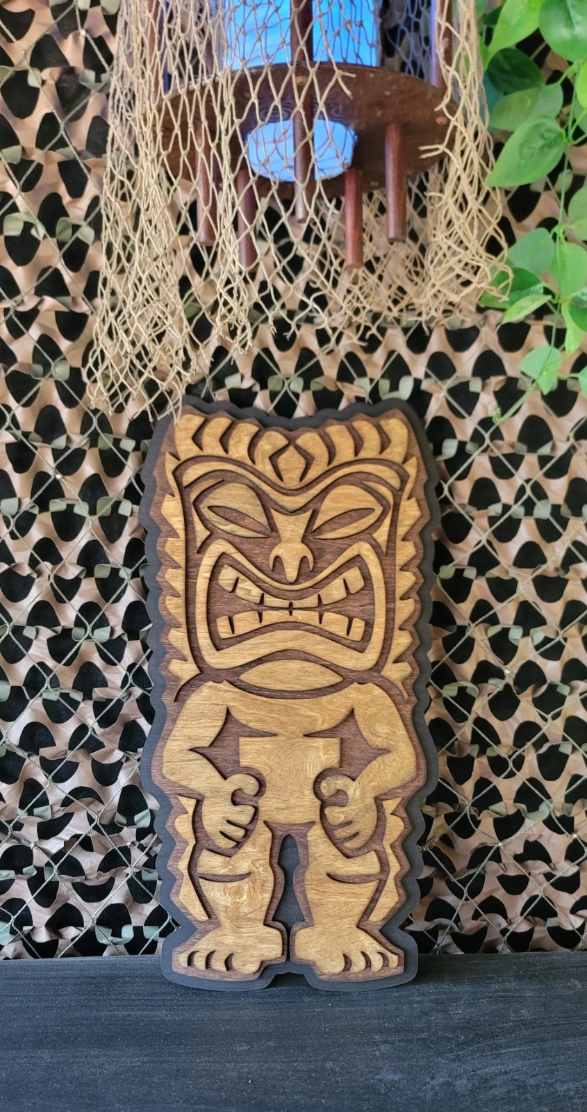 Handcrafted 3‑Layer Wooden Tiki God Plaque – Polynesian Wall Art – 23.5