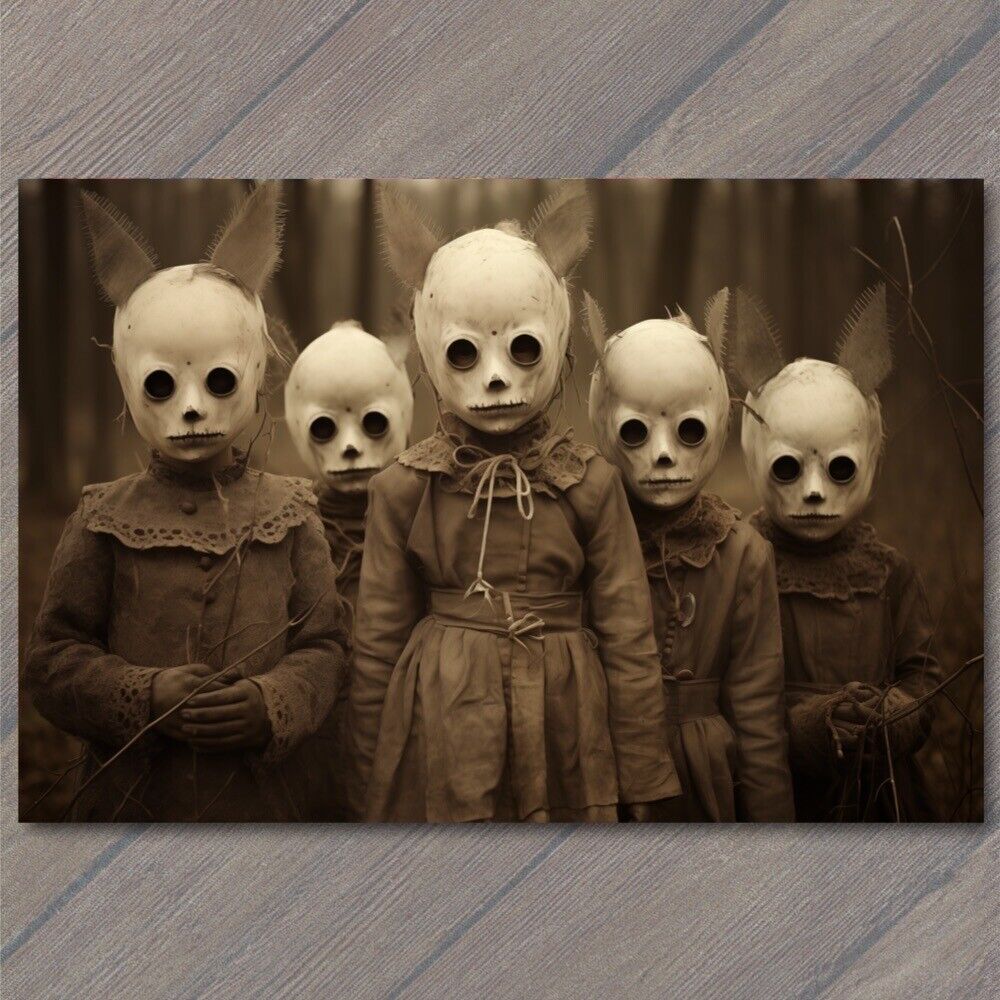 POSTCARD Weird Creepy Vintage White Masks Cult Unusual Group Kids Fall