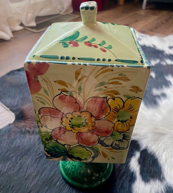 Vintage Hand -Painted Canister Jar Italian Pottery With Lid 6.75\
