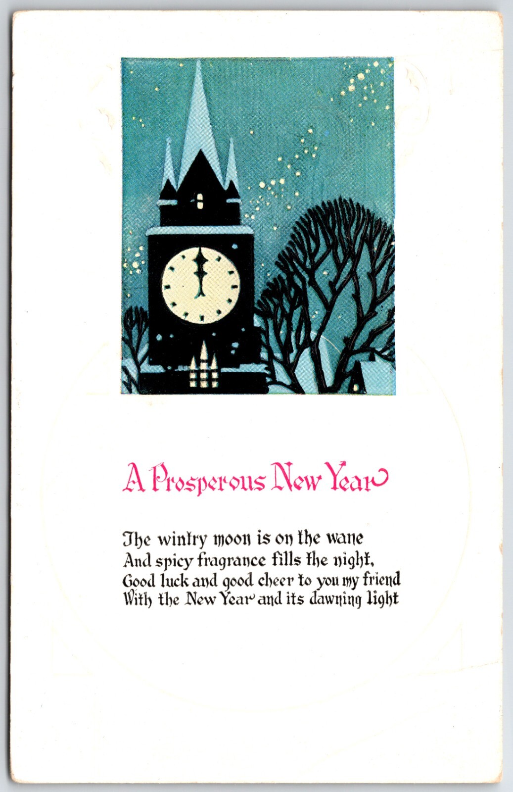 1900s New Years Postcard Clock Tower with Moon and Snow A Prosperous New Year 1900s New Years Postcard Clock Tower with Moon and Snow A Prosperous New Year