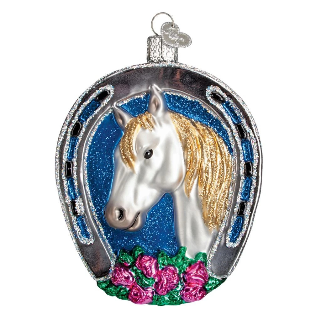 Old World Christmas WHITE HORSE in HORSESHOE Glass Ornament w/Box Retired 2019
