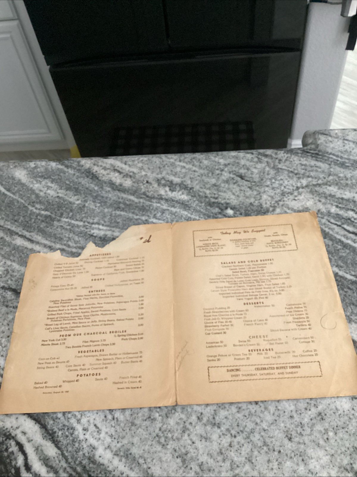 Vintage Beverly Hills Hotel - Beverly Hills, Ca. August 30, 1947, Menu