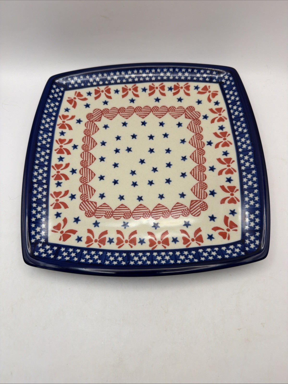 Kalich Polish Pottery Plate Boleslawiec Square 9.25” Blue Red Heart Bow Ties
