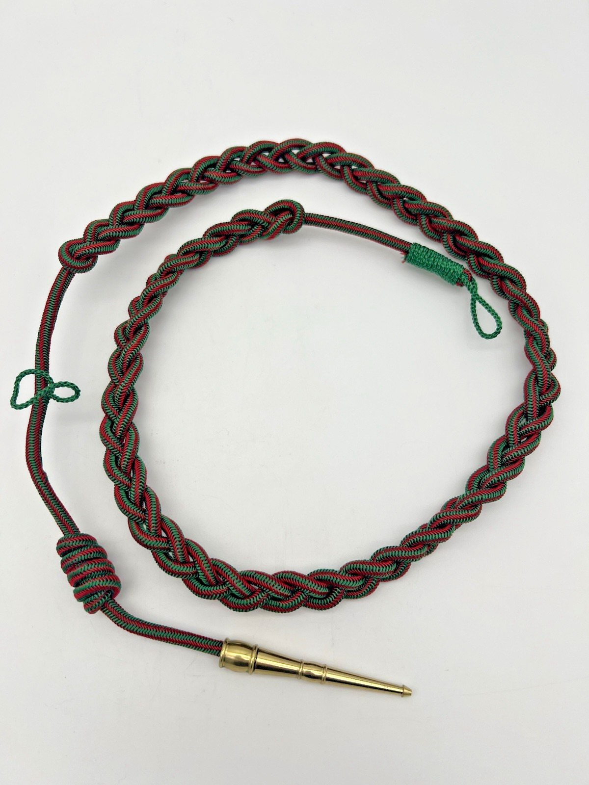 US Army French WWII Fourragere Lanyard Green Red Brass Tip Shoulder Cord