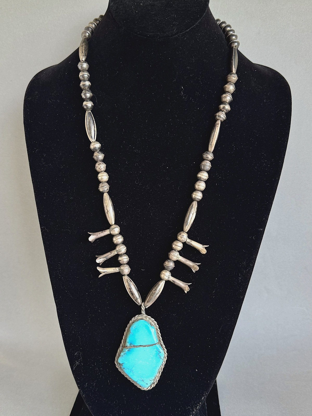 Old Pawn Sterling Silver and Turquoise Squash Necklace