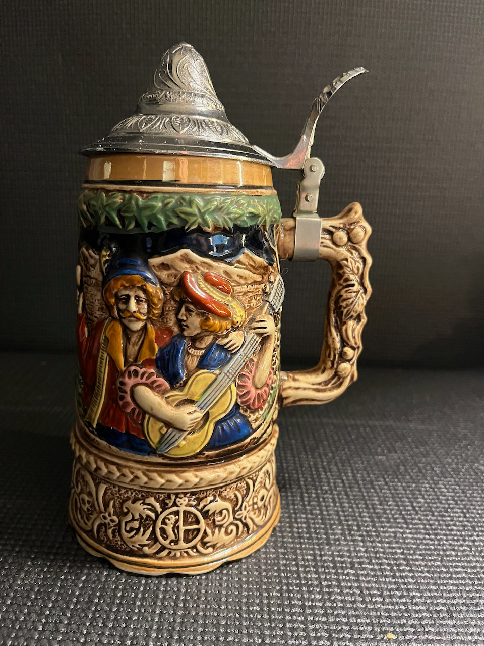 VTG German Musical Beer Stein, Pewter Lid, Music Box Base, Alpine & Music Scenes