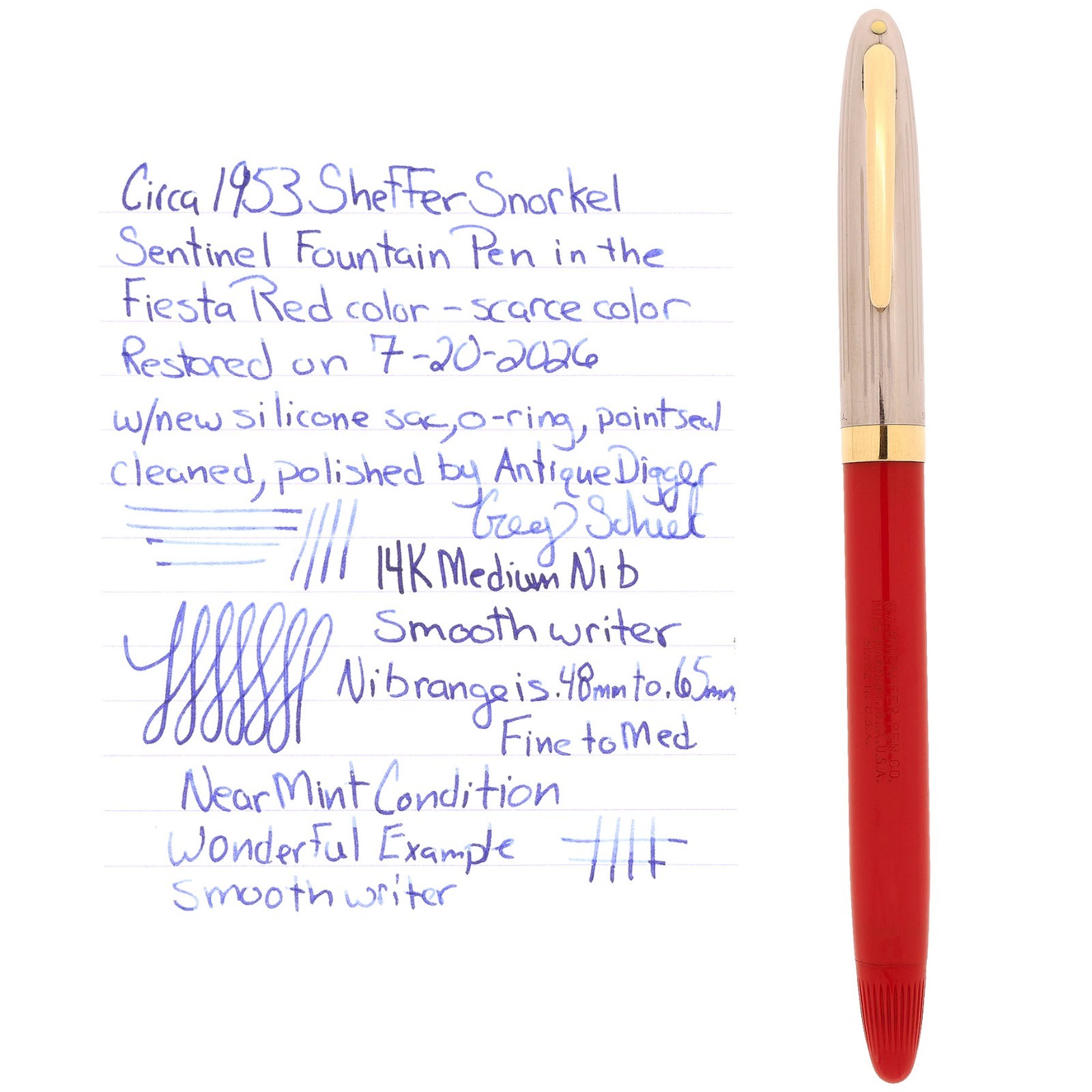 1953 SHEAFFER SENTINEL FIESTA RED SNORKEL 14K MEDIUM NIB FOUNTAIN PEN RESTORED