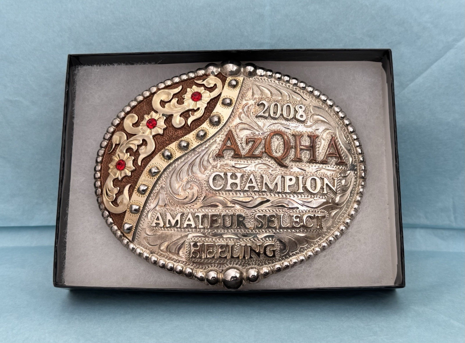 Vintage 2008 AZQHA Champion Quarter Horse Rodeo Heeling Gem Trophy Belt Buckle