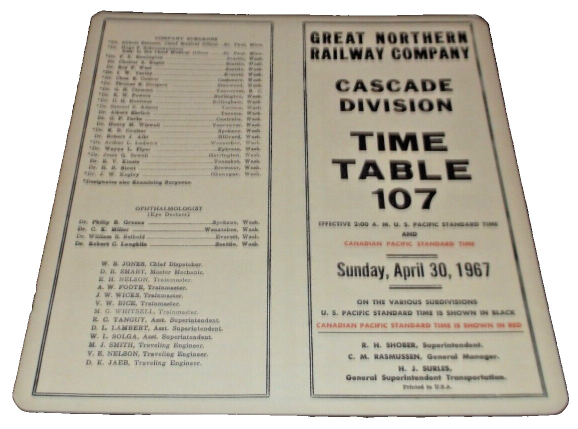 APRIL 1967 GREAT NORTHERN CASCADE DIVISION EMPLOYEE TIMETABLE #107