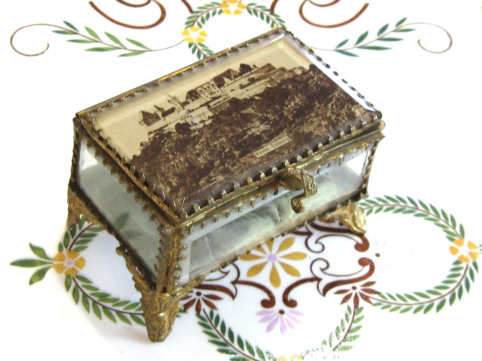 ANTIQUE 1800'S GERMAN VESTE COBURG CASTLE GLASS VITRINE JEWELRY DISPLAY BOX