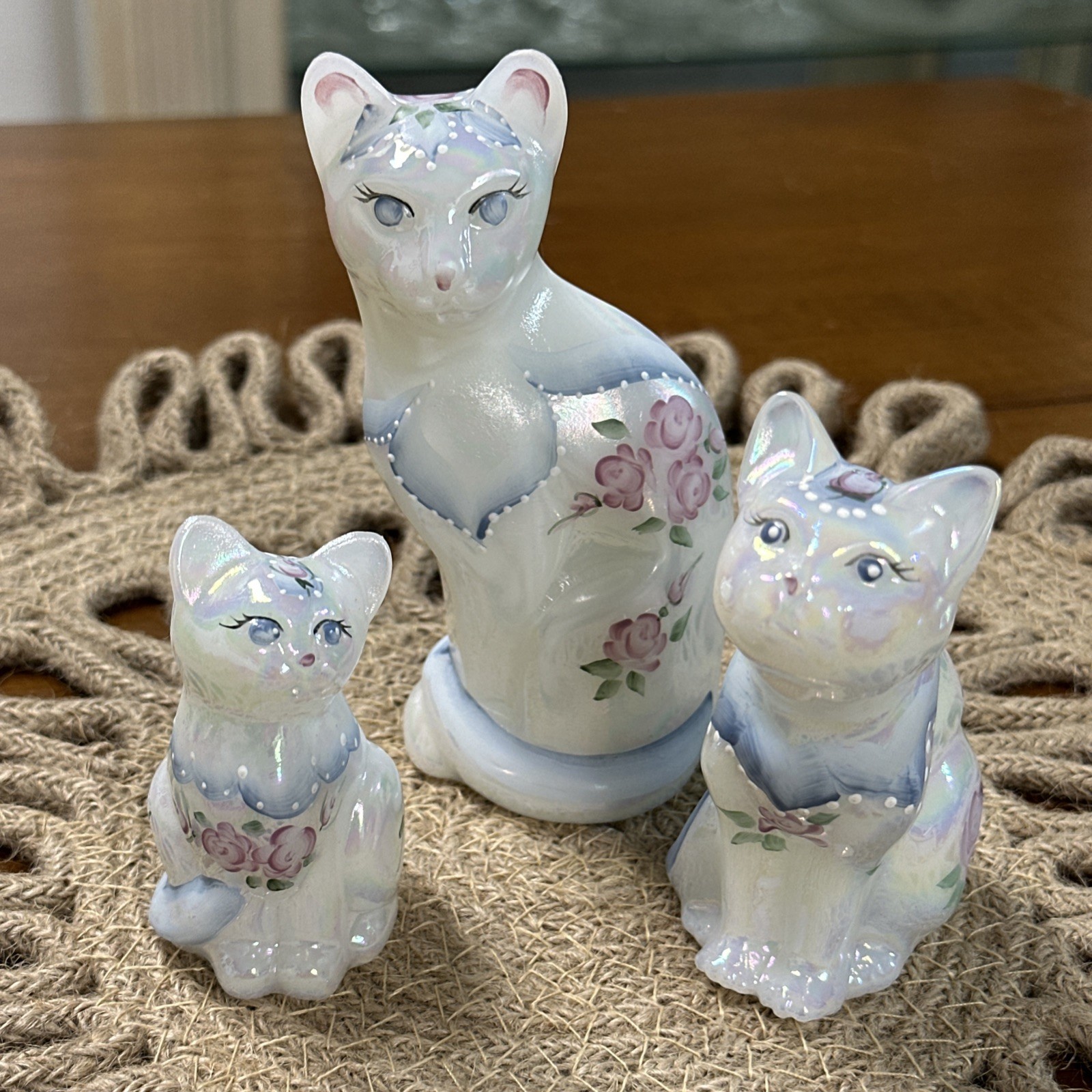 Fenton Art Glass White Iridescent Hand Painted Cat Figurines Set of 3 Signed