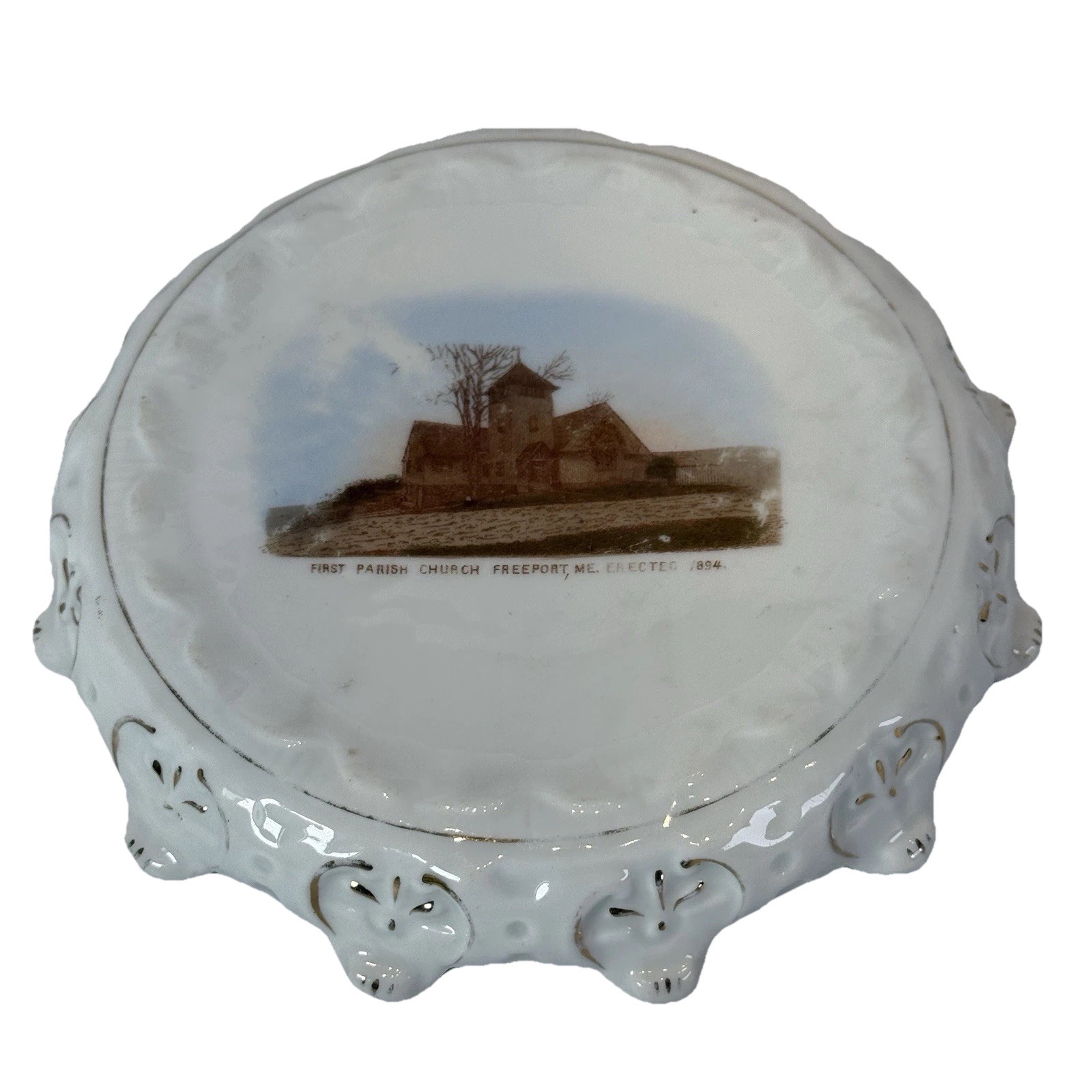 FREEPORT MAINE ME Antique FIRST PARISH CHURCH Souvenir JA BREWSTER China Plate