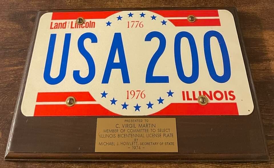 1776 1976 Illinois Bicentennial License Plate Plaque Virgil Martin History ALPCA