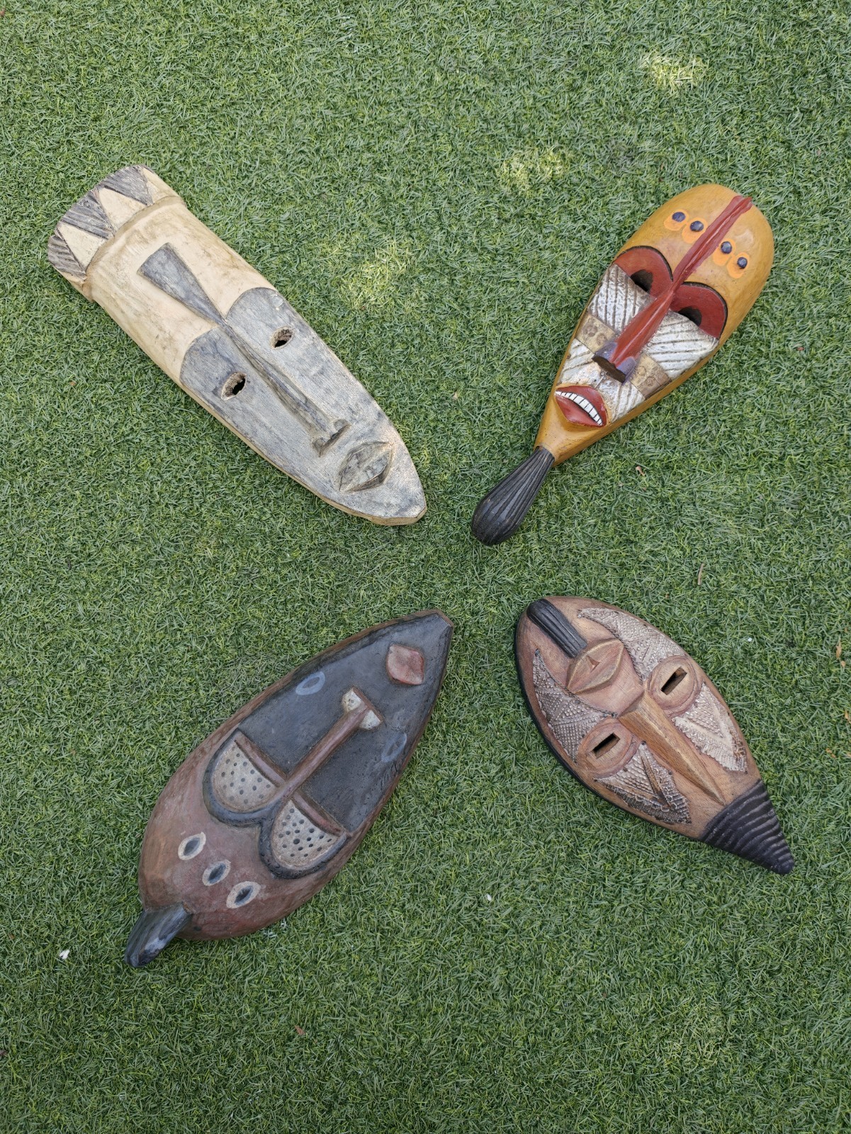 Lot of 4 Vintage African Wooden Tribal Wall Masks Hand Carved Ghana Art Decor