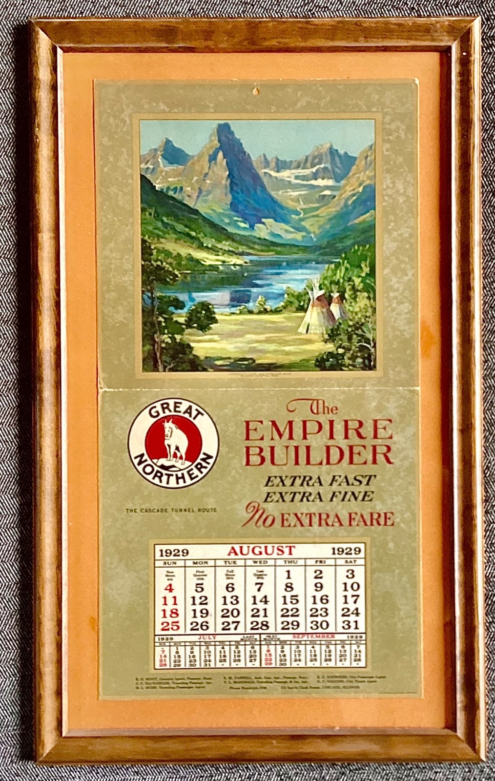 Great Northern Railway August 1929 Calendar Framed The Empire Builder Extra Fast