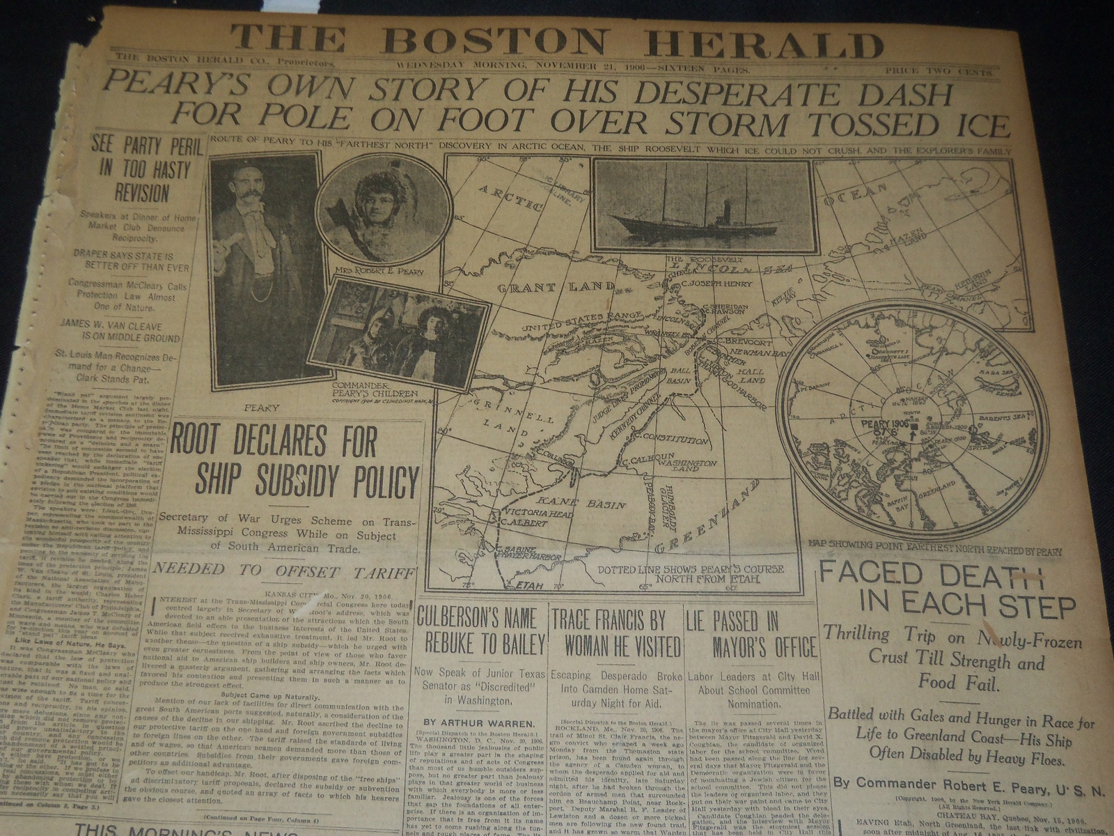 1906 NOVEMBER 21 THE BOSTON HERALD - PEARY'S OWN STORY FOR POLE - BH 130