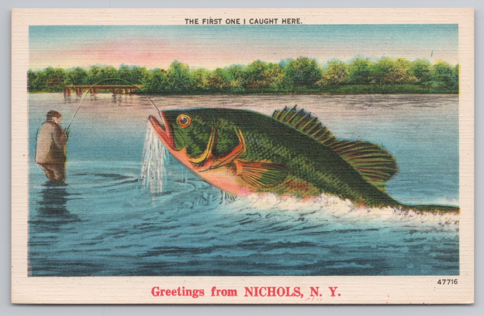 Greetings From Nichols New York Exaggeration Fishing Scene c1940s Postcard