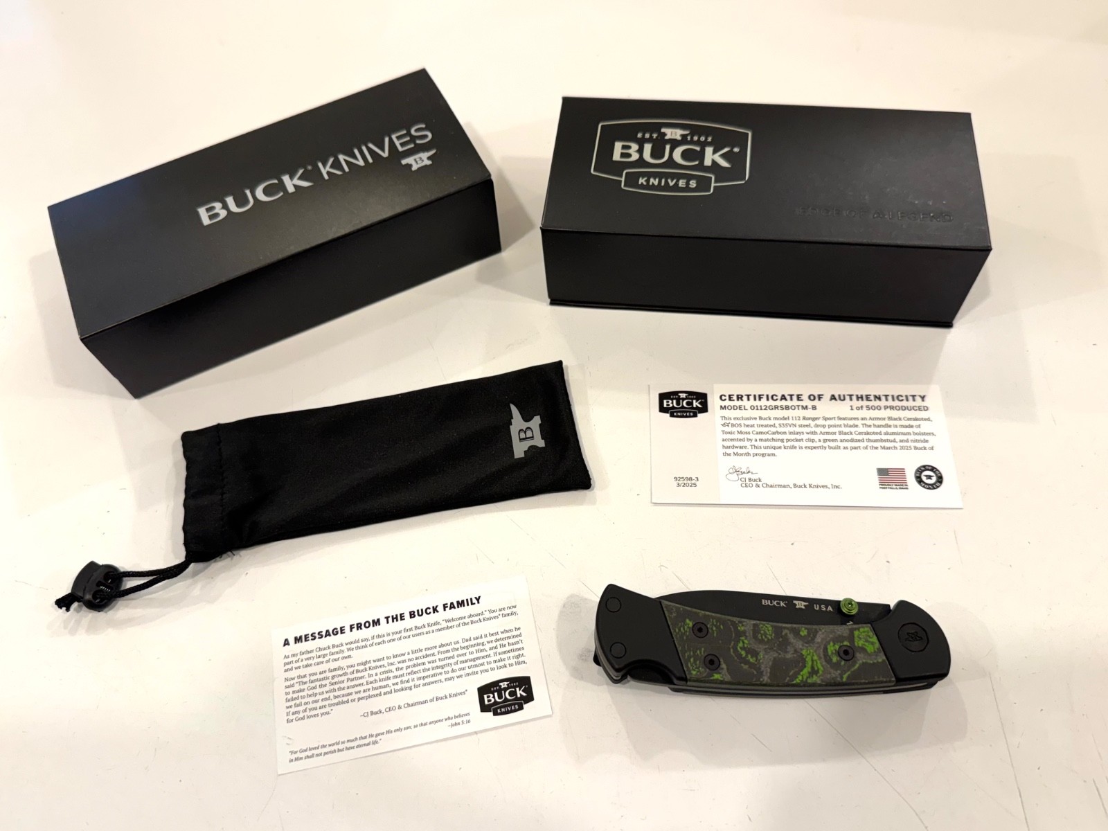 NEW IN BOX MARCH 2025 BUCK OF THE MONTH KNIFE TOXIC MOSS 112 RANGER SPORT