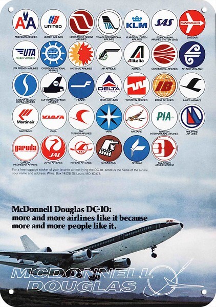 1975 McDONNELL DOUGLAS DC-10 Jet Airline Logos **DECORATIVE REPLICA METAL SIGN**