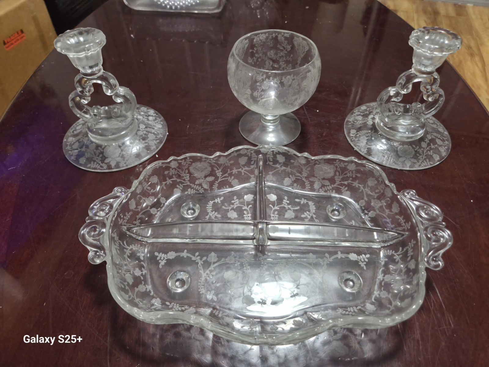 1970s Fostoria Dish Etched Chintz Floral Elegant Glass Oval 12\