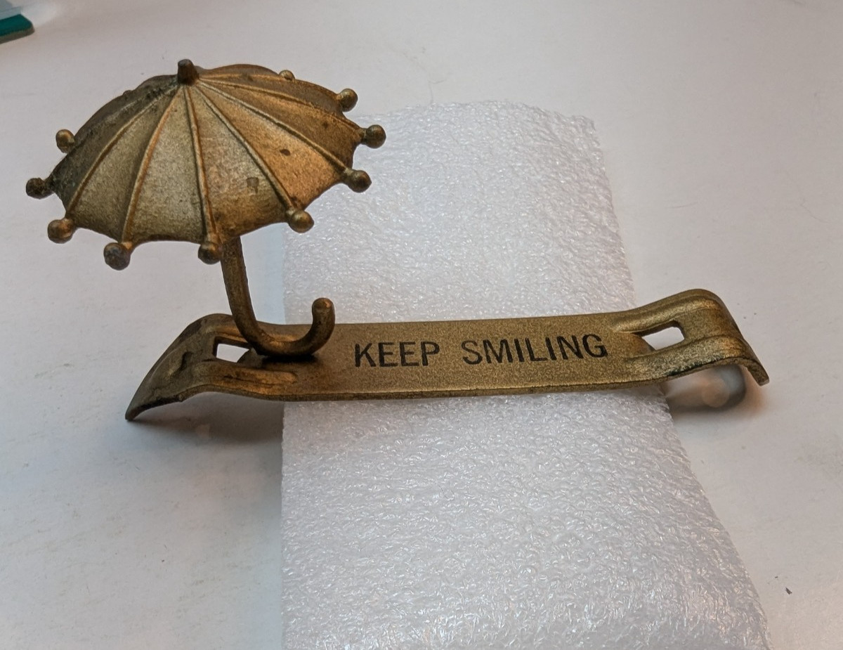 Vintage Brass Umbrella Can & Bottle Opener Handy Keep Smiling 4.5 Inch