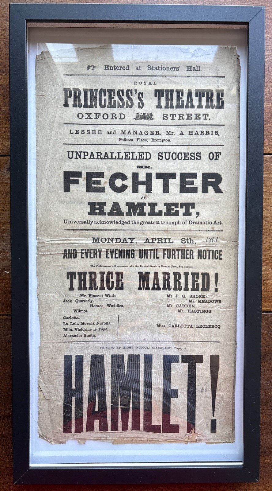 Antique Princess’s Theatre Playbill Fechter Shakespeare Hamlet Farcical 1861