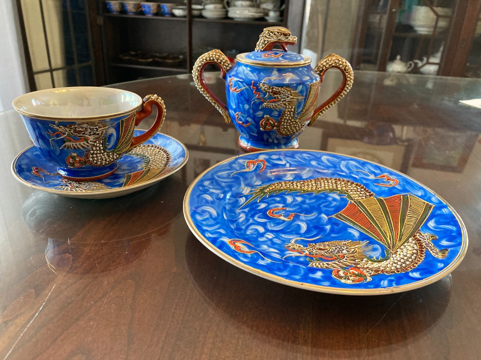 Antique beautiful Blue Dragonware moriage Japanese tea set, 6 settings (19 pc)