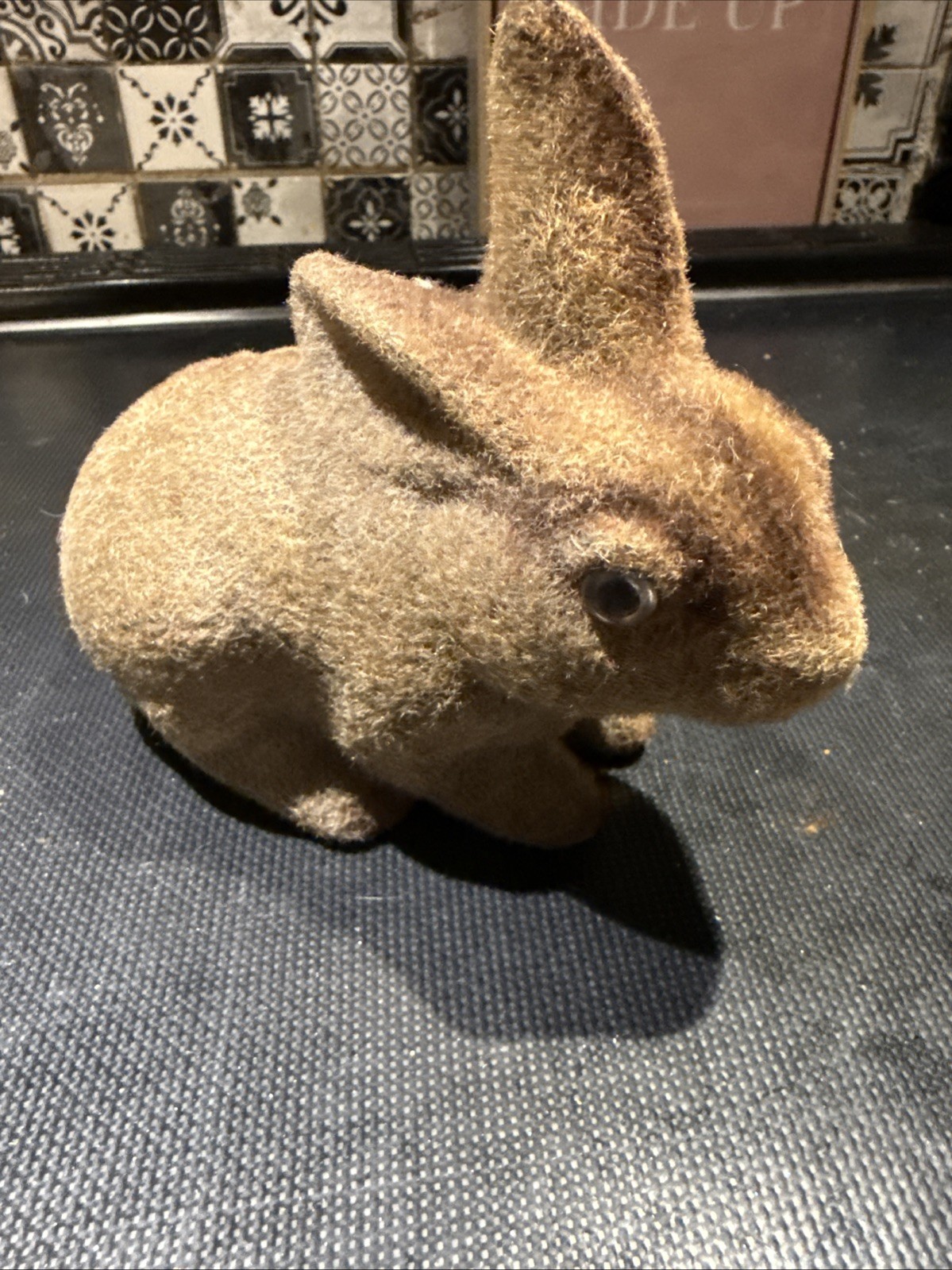 Vintage Flocked Bunny Rabbit Coin Piggy Bank with Original Stopper, Fuzzy Brown