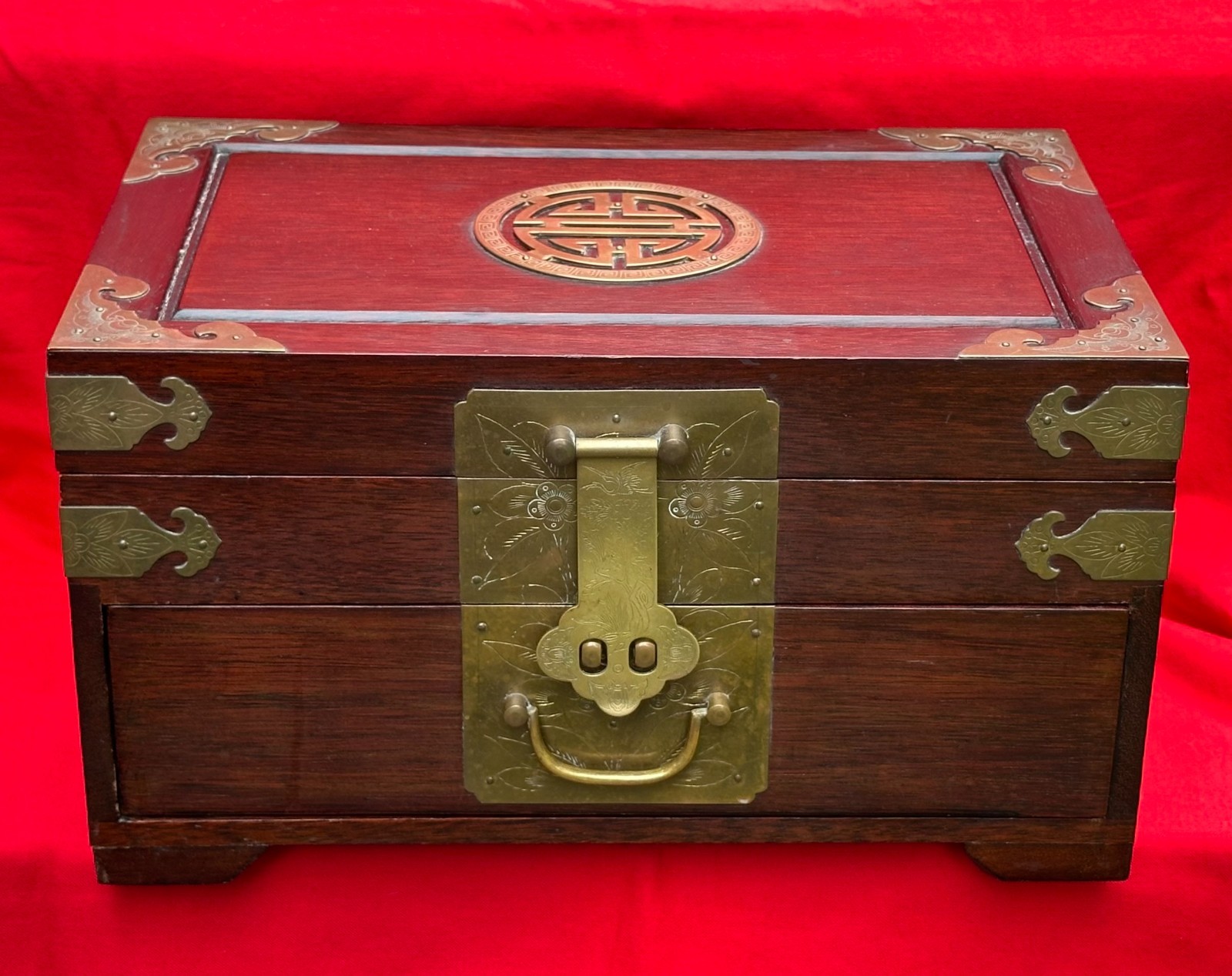 Large Antique Chinese Jewelry Box Hongmu Rosewood Shou Medallion Red Interior
