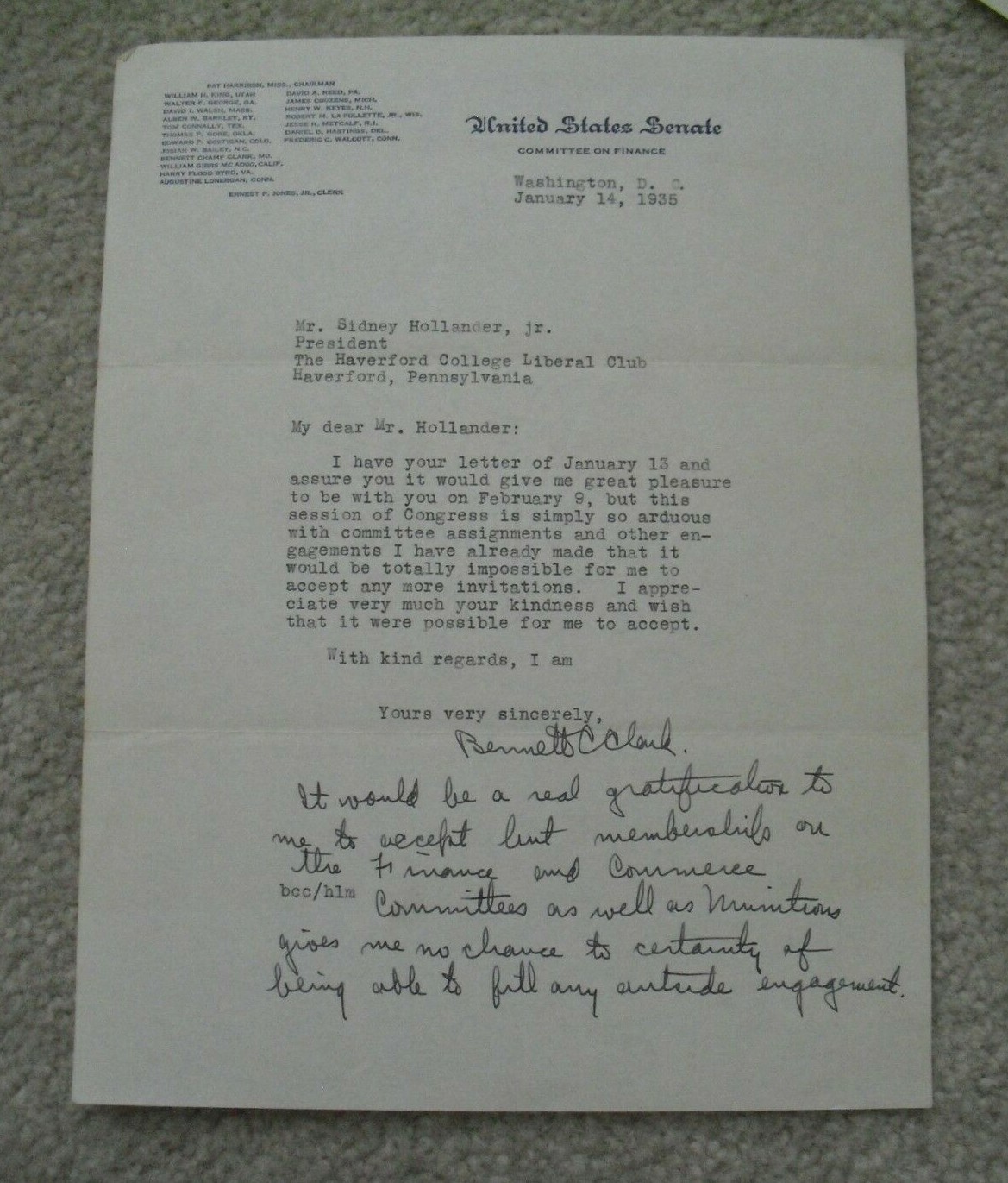 RARE Original 1935 US Senator Signed Letter Bennett Champ Clark Missouri
