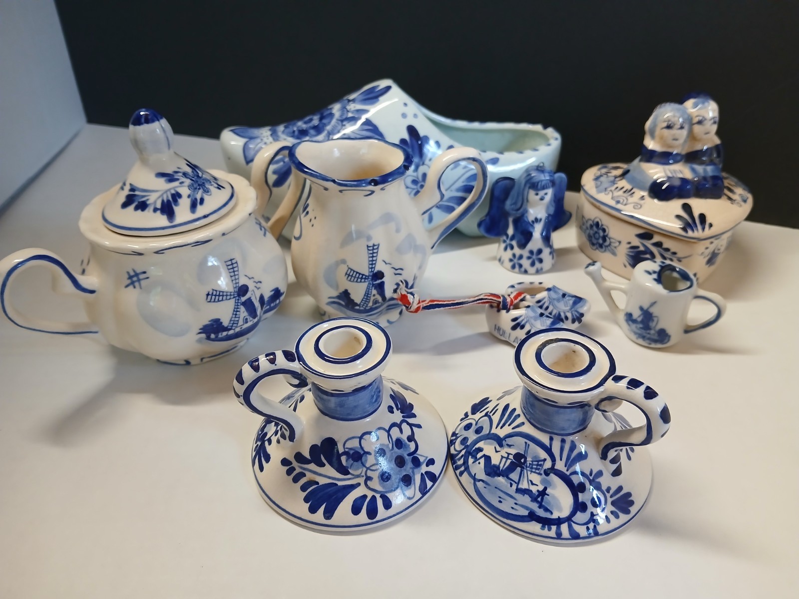 Delft Blue Hand Painted Lot Dish Shoes Candlestick Creamer Sugar Miniatures Delft Blue Hand Painted Lot Dish Shoes Candlestick Creamer Sugar Miniatures