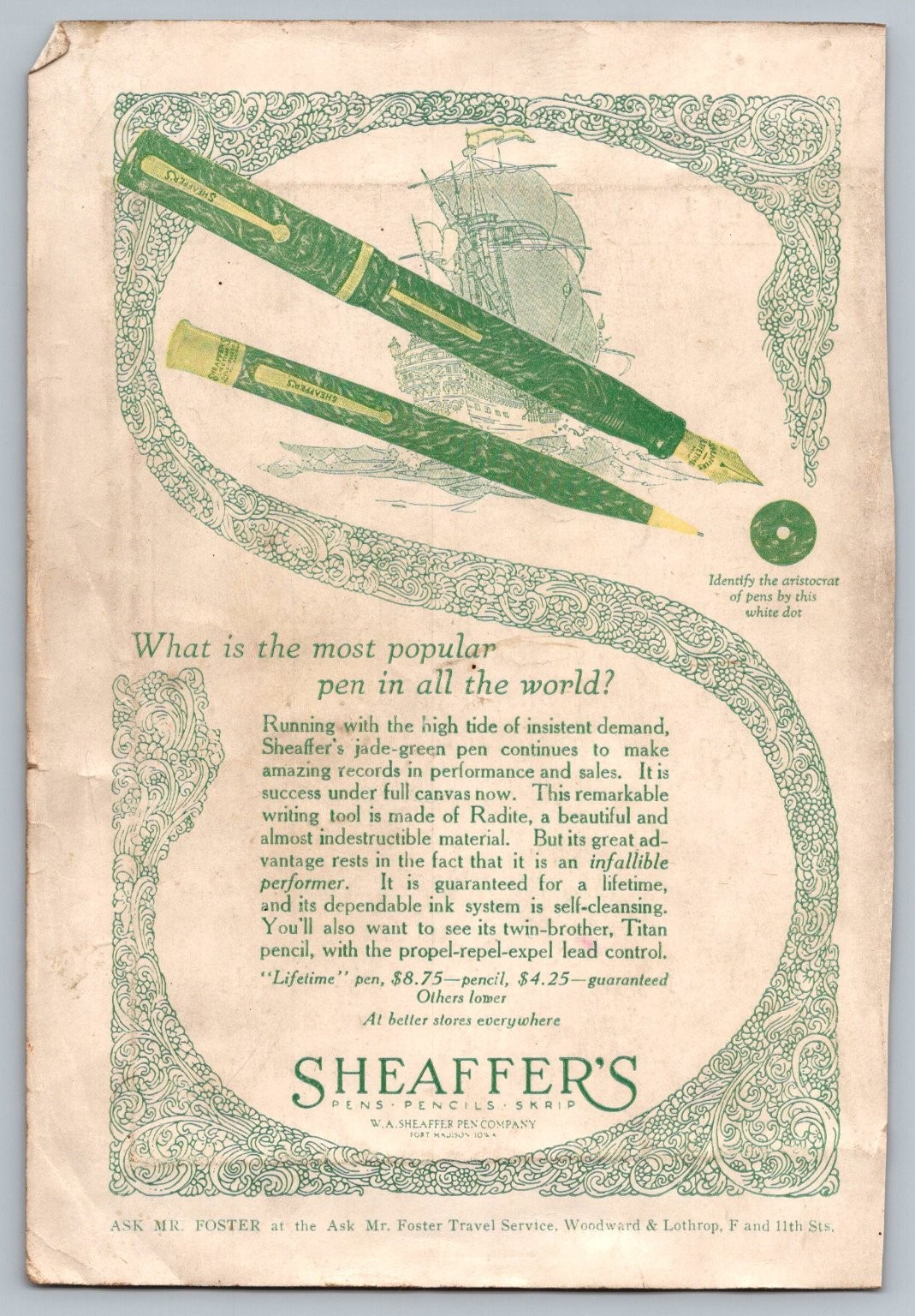 VTG 1920s Sheaffer\'s Jade Green Fountain Pen Radite Ad Ephemera Art Nouveau