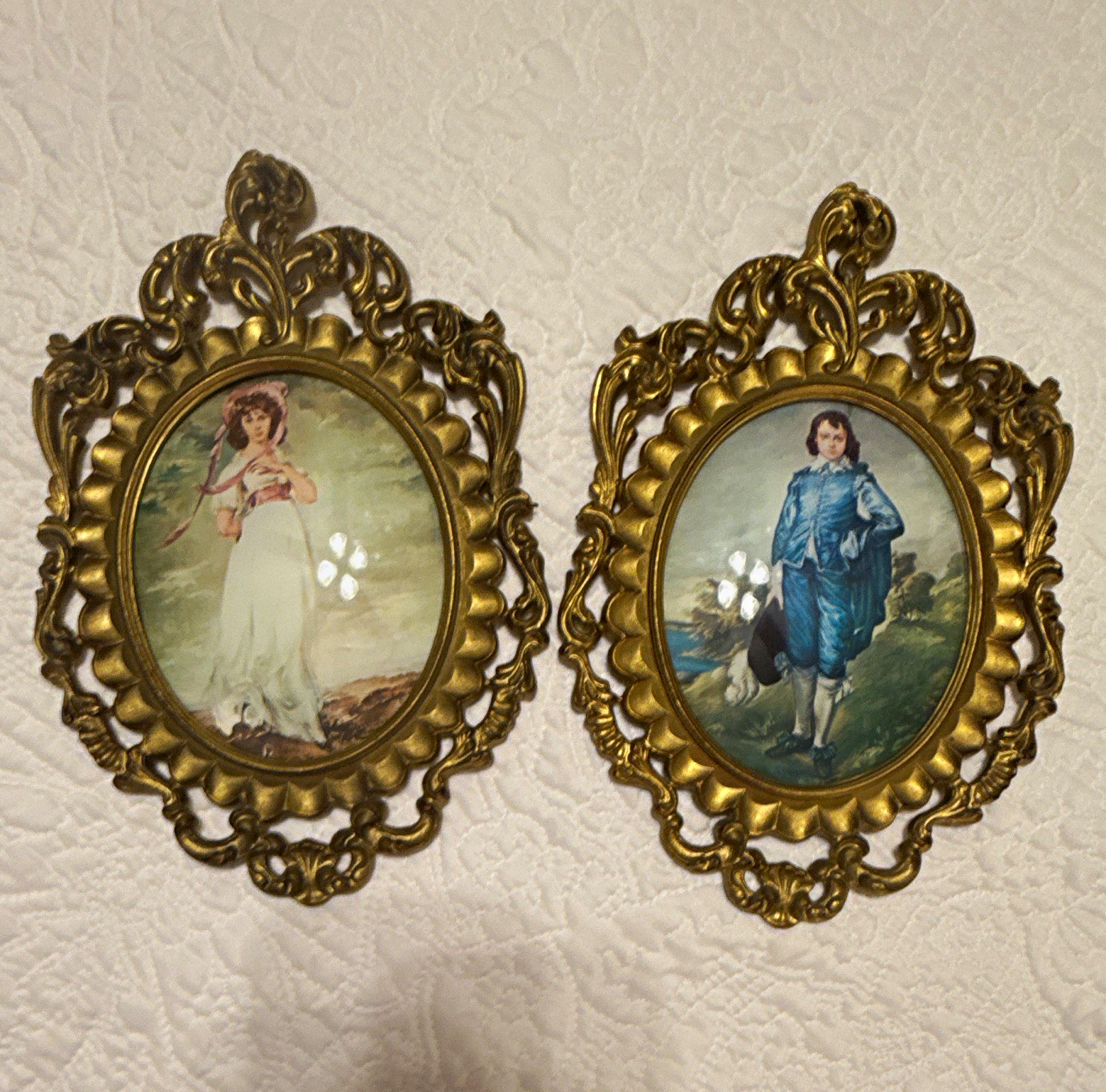 Vtg Pinkie Blue Boy Ornate Gold Oval Frames Made in Italy Bubble Convex Glass