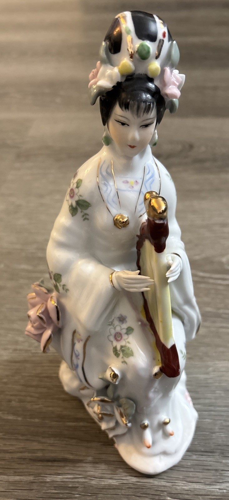Vintage Porcelain Japanese Geisha Figurine with Harp Hand Painted Statue 8”