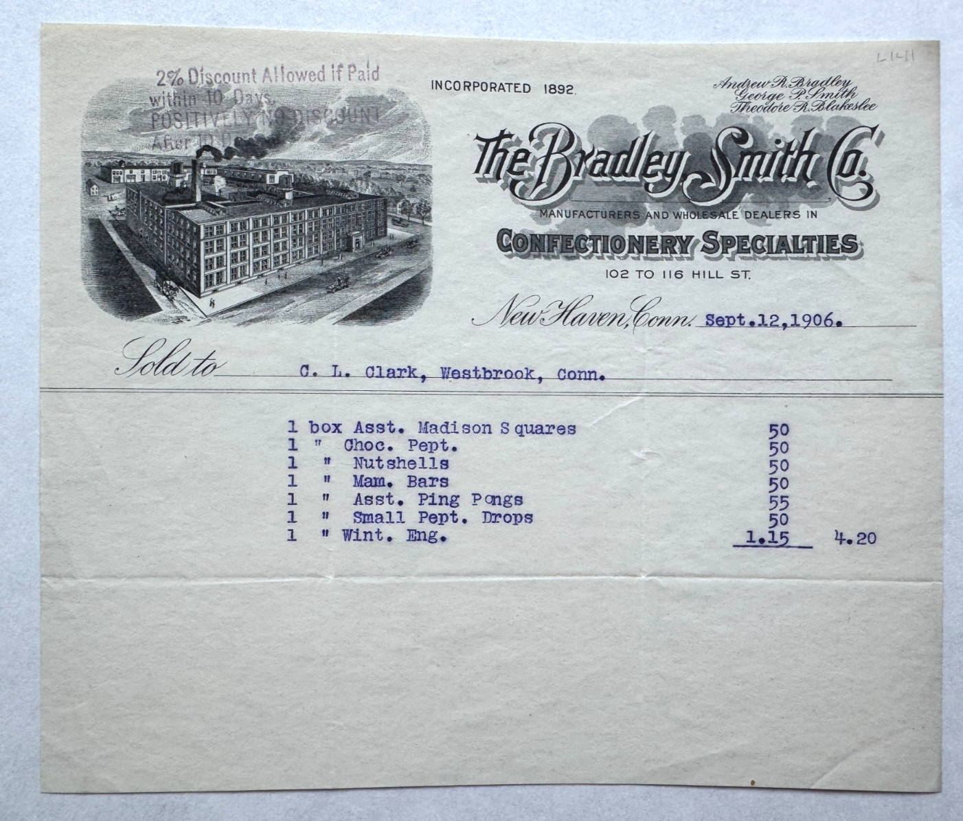 Vintage 1906 Billhead New Haven CT Bradley Smith Confectionery 102 Hill Street